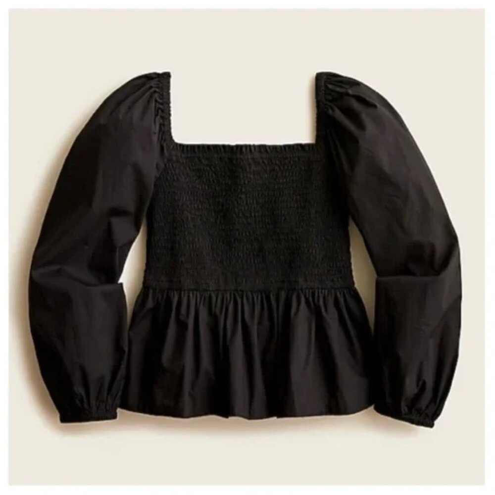 J. Crew Black Smocked Puff Sleeve Top NWT